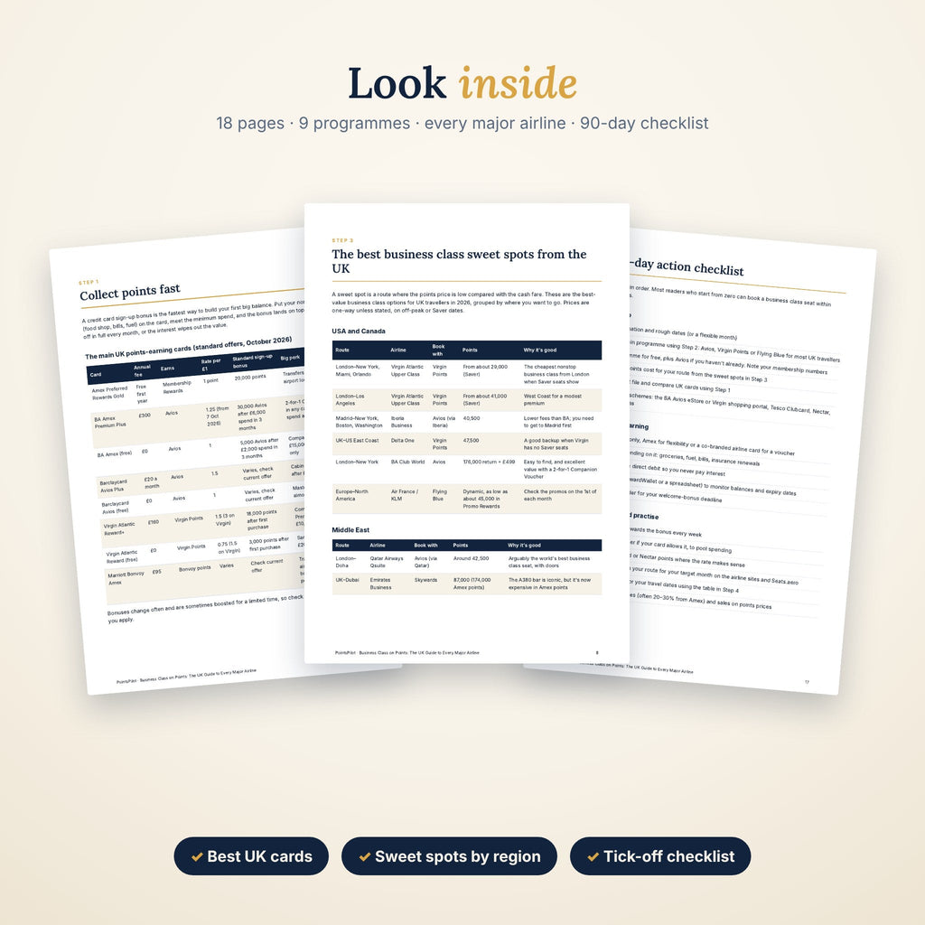 Inside pages of the PointsPilot guide: UK cards, sweet spots by region and the 90-day checklist